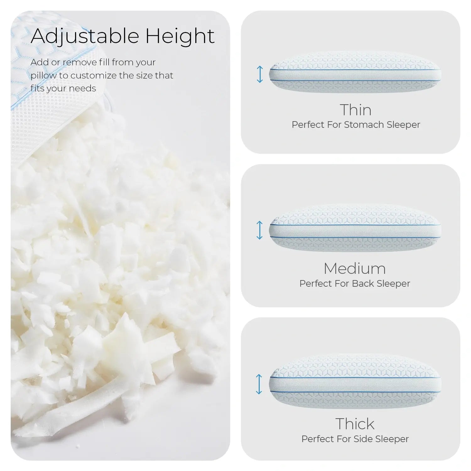 Cooling memory foam pillow with adjustable fill levels: thin for stomach, medium for back, and thick for side sleepers.