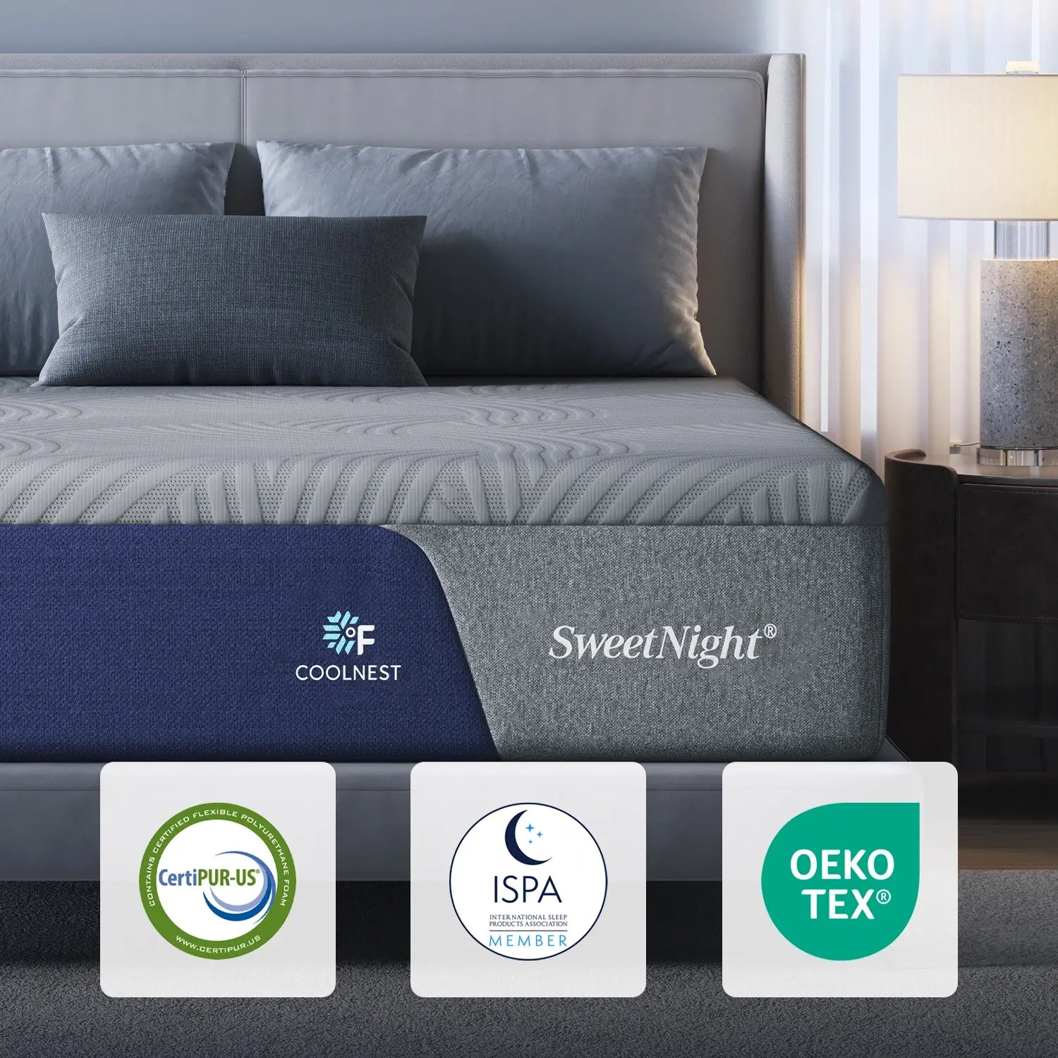 SweetNight CoolNest mattress with CoolNest technology and CertiPUR-US, ISPA, and OEKO-TEX certifications