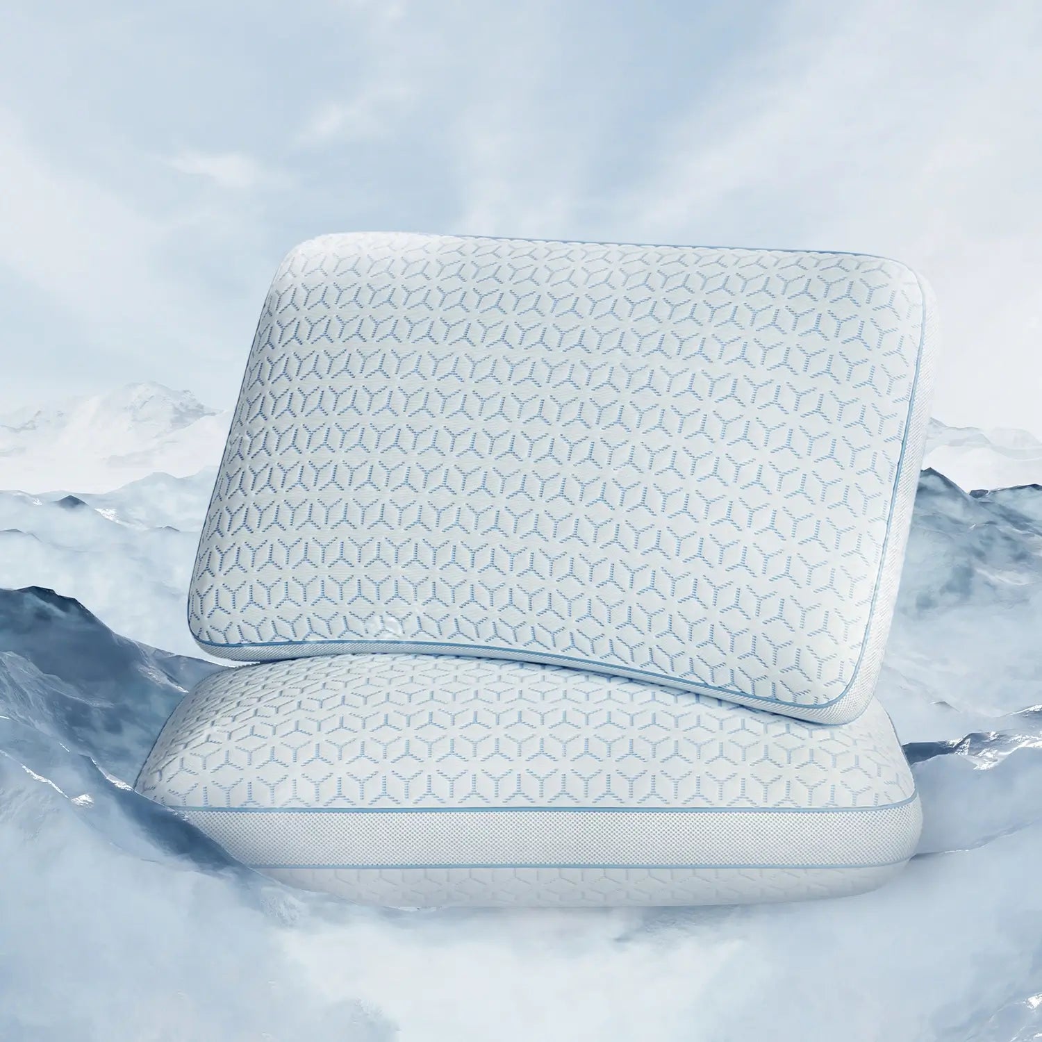 Cooling memory foam pillows with blue geometric pattern
