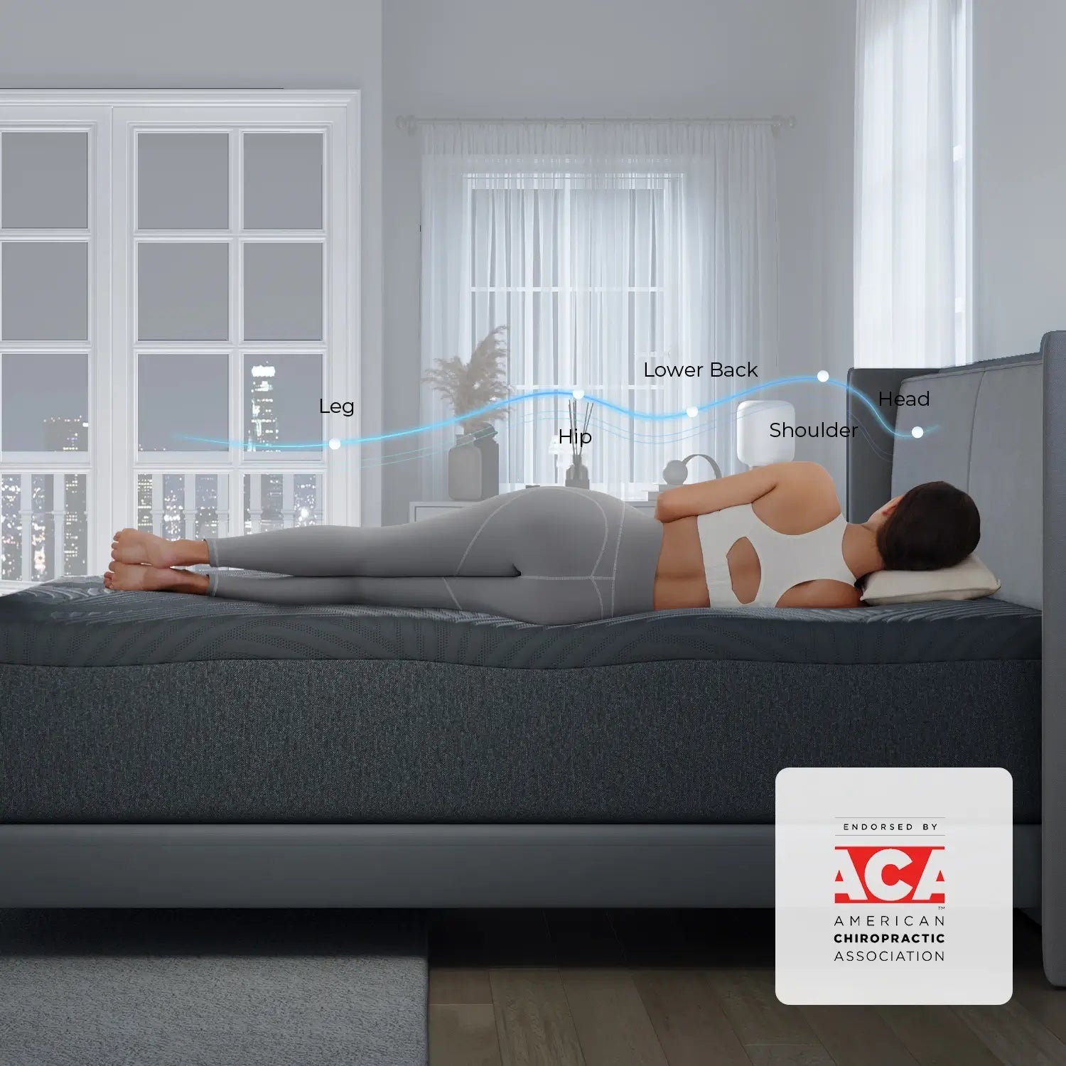 SweetNight CoolNest mattress shows ergonomic support zones & ACA logo for side sleepers.