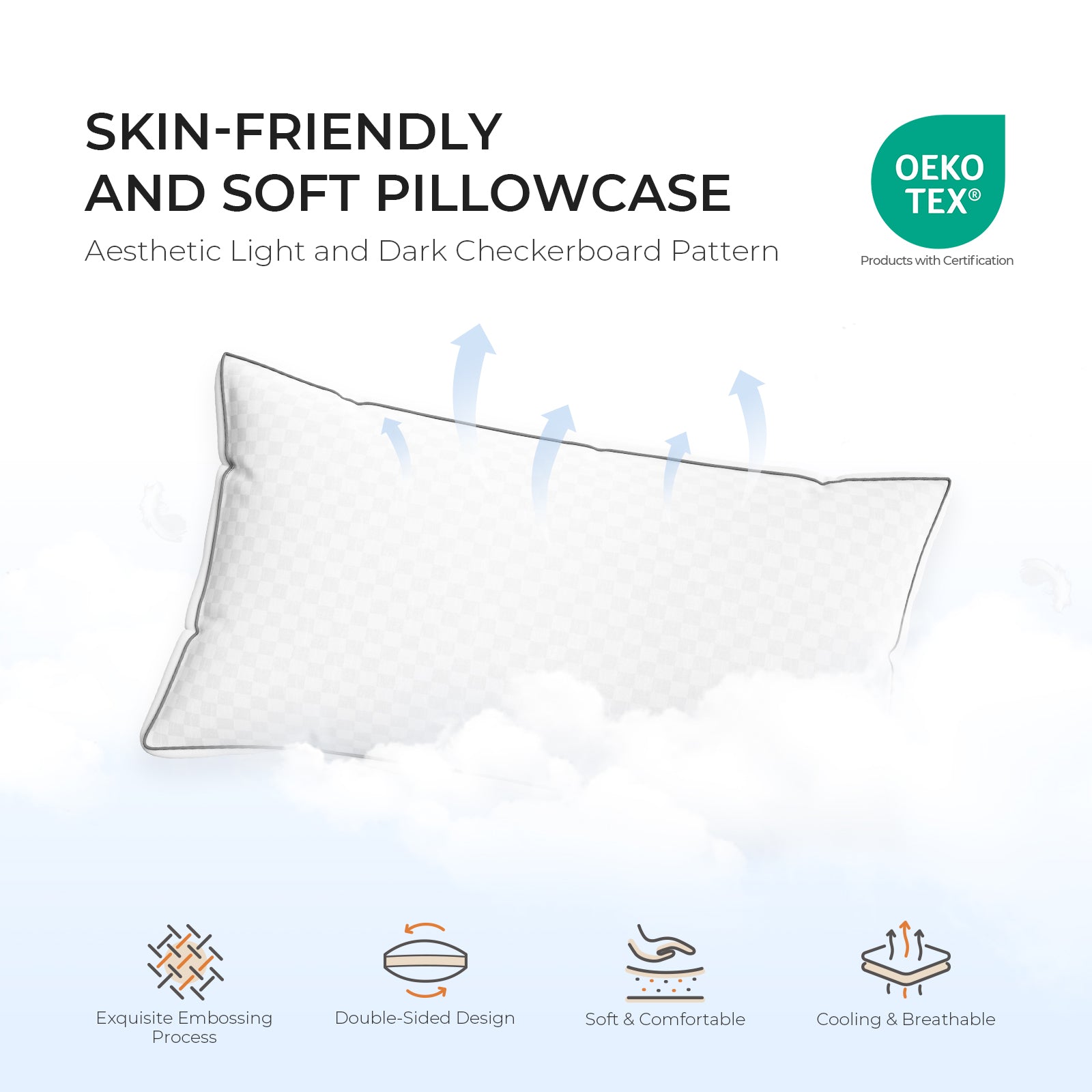 Skin-friendly comfort support pillow with breathable checkerboard pattern and OEKO-TEX certification.